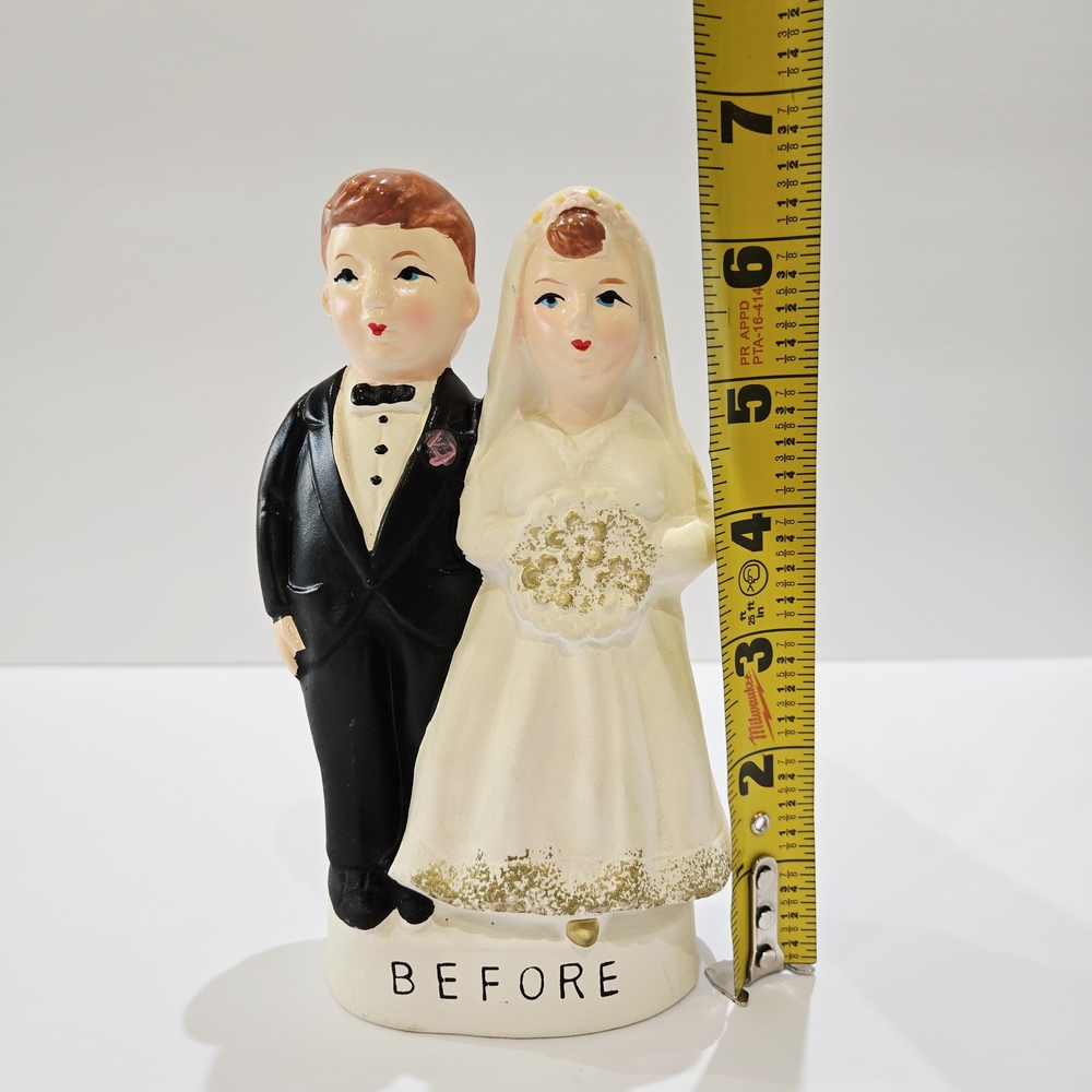 Vintage Before & After Bride & Groom Ceramic Bank Cake Topper Japan 6.5" Cute! - Picture 7 of 7